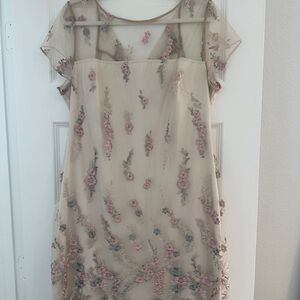 Adrianna Papell Cream Dress with Pink Floral Embroidery
